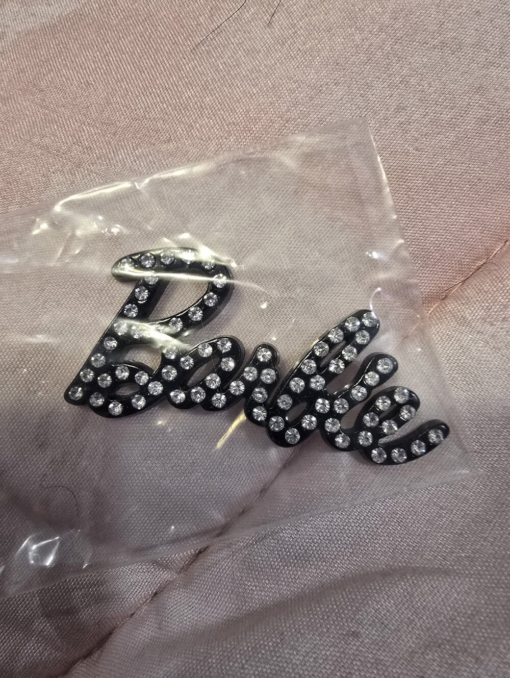 Rhinestone 'Barbie' Script Flat Bead - Black with Clear Crystals